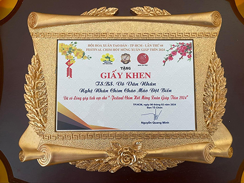 Bằng khen danh giá dành cho Bs Nhân tại cuộc thi chim hót trong Hội hoa xuân Giáp Thìn 2024